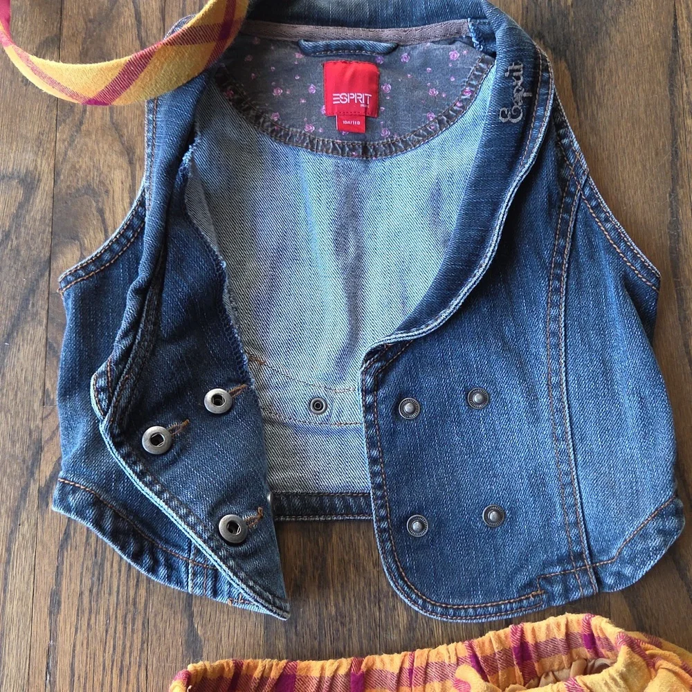 Set Bundle 3 Esprit Medium Washed Denim Vest Floral Lining Plaid Skirt, Headband